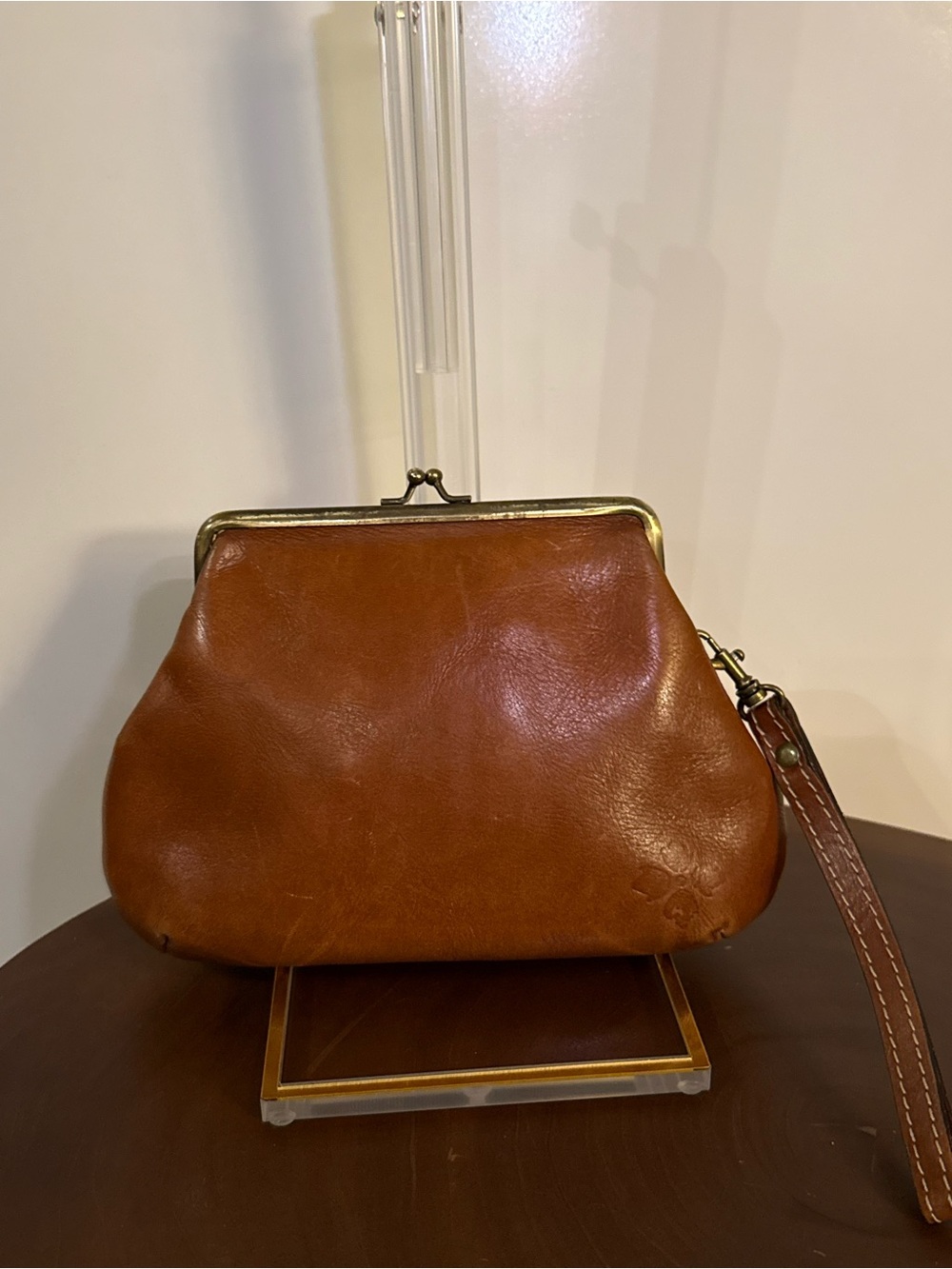 Patricia Nash Savena Cognac Leather KISS Lock Wristlet Clutch